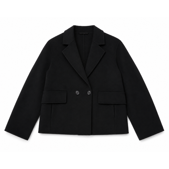 A black cropped double-breasted blazer with notched lapels and flap pockets, displayed flat against a solid white background.