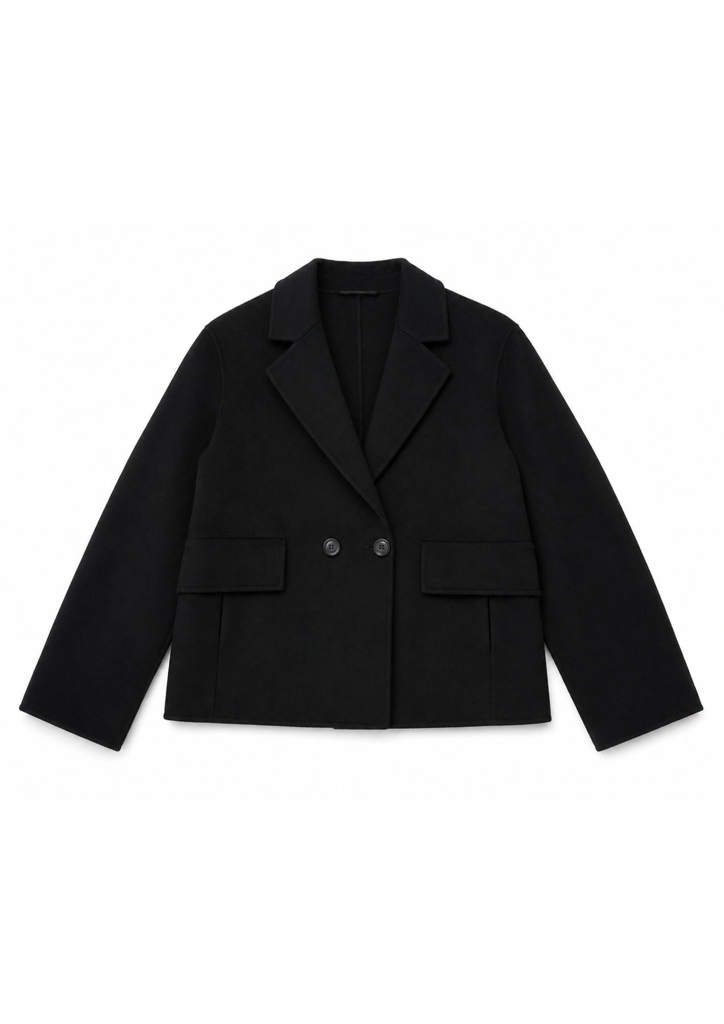 A black cropped double-breasted blazer with notched lapels and flap pockets, displayed flat against a solid white background.