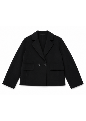 A black cropped double-breasted blazer with notched lapels and flap pockets, displayed flat against a solid white background.
