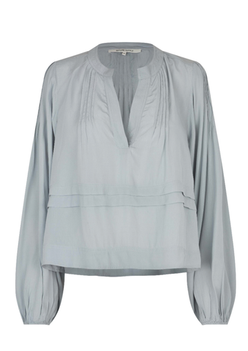 A light gray long-sleeve blouse with a gathered, pleated V-neckline and a peplum-style waist seam, shown against a plain white background.