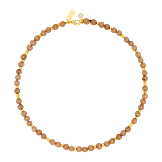 A beaded necklace made of small, round, warm brown beads separated by tiny gold spacer beads, with a gold clasp and a small pearl accent, shown on a plain white background.