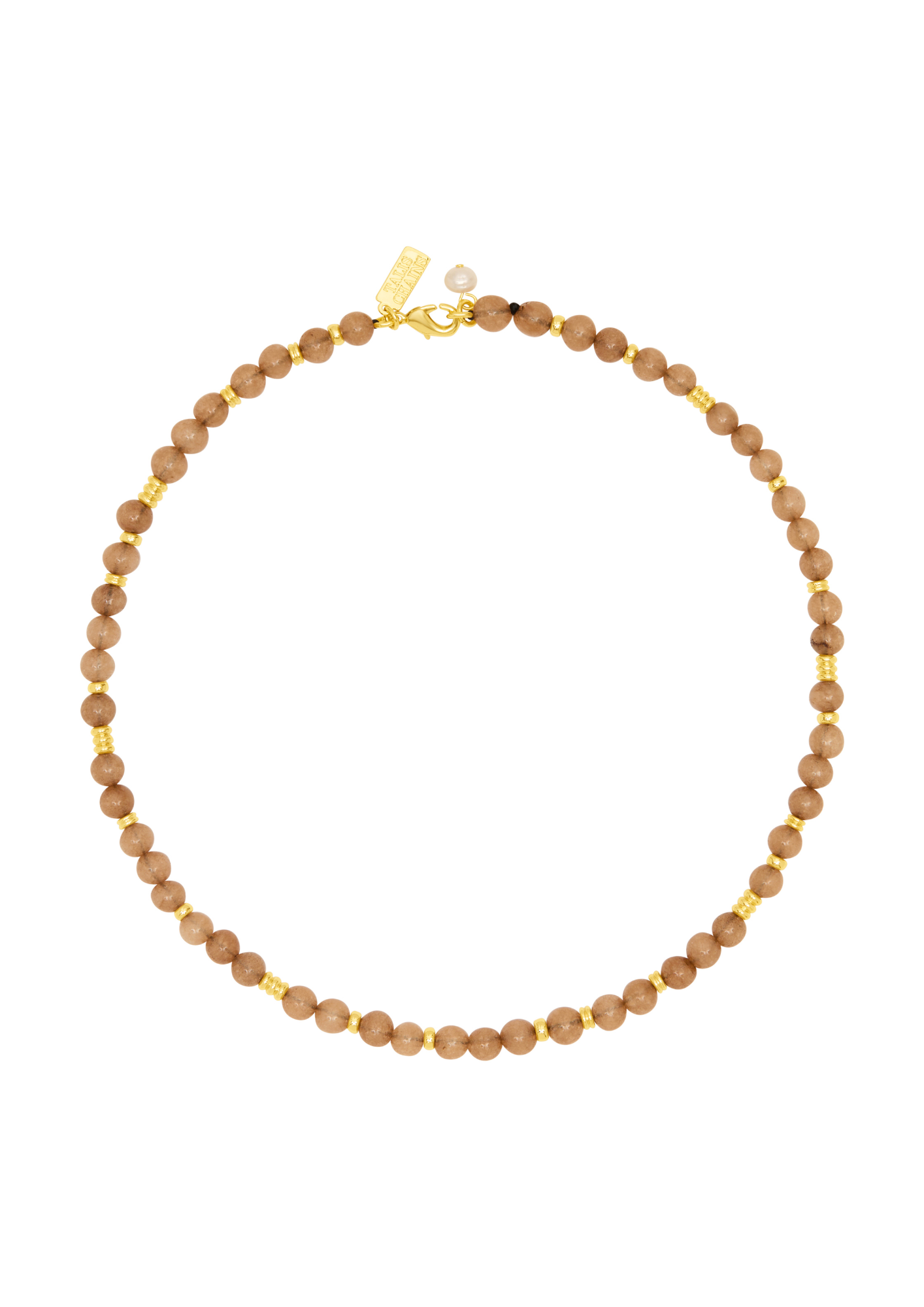 A beaded necklace made of small, round, warm brown beads separated by tiny gold spacer beads, with a gold clasp and a small pearl accent, shown on a plain white background.