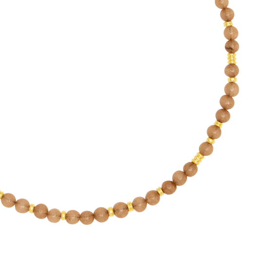 A strand of round, light brown wooden beads separated by small gold spacer beads, shown against a plain white background.