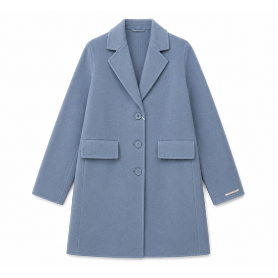 A light blue wool-blend blazer coat with notch lapels, three front buttons, and two front flap pockets, shown flat against a white background.