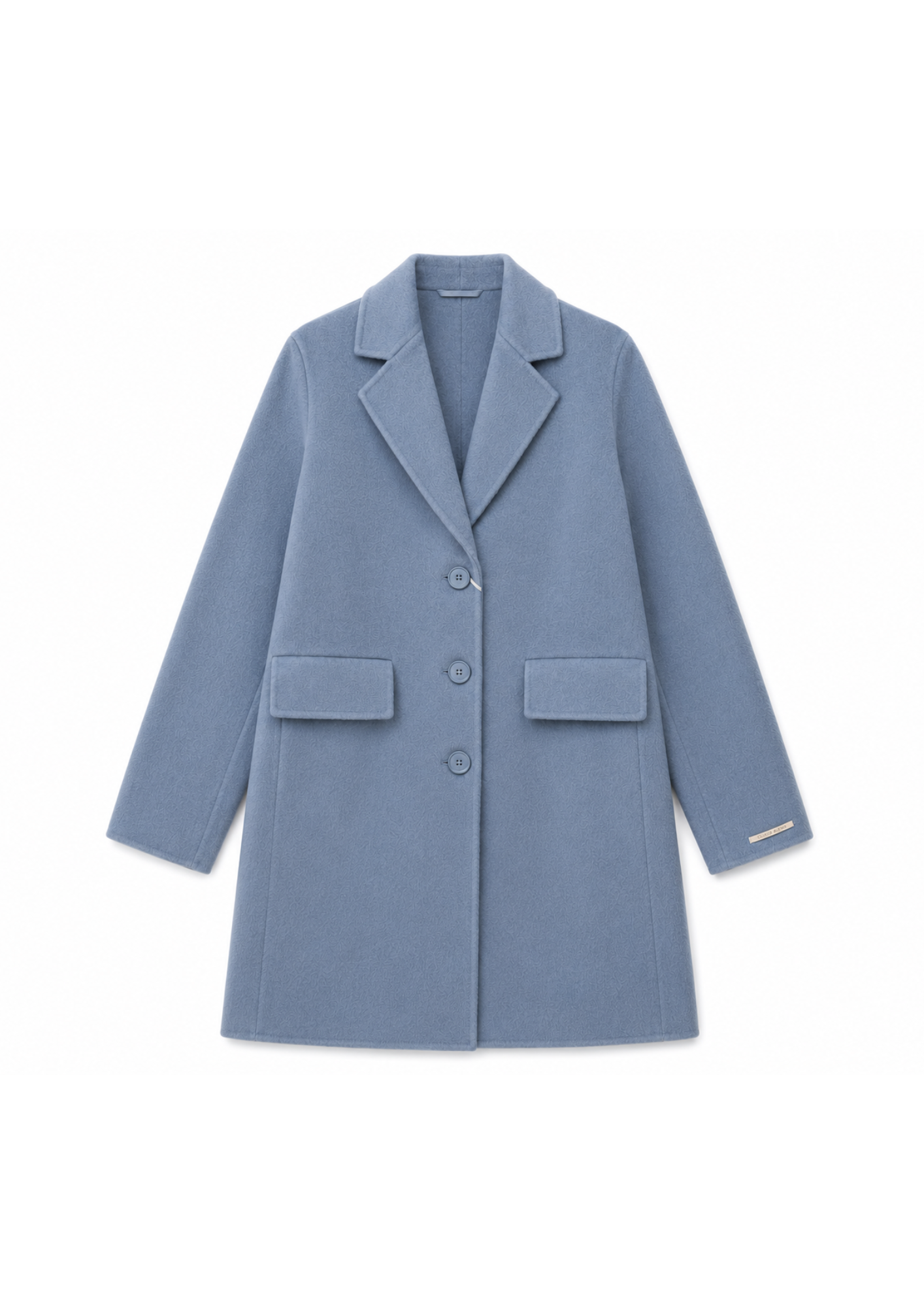 A light blue wool-blend blazer coat with notch lapels, three front buttons, and two front flap pockets, shown flat against a white background.