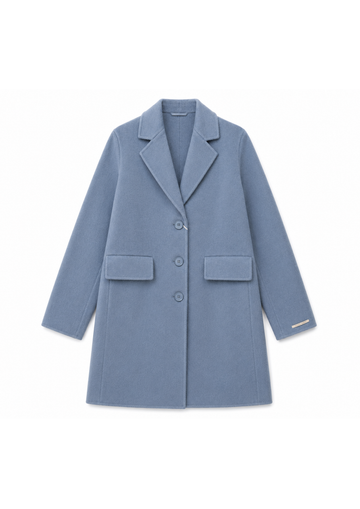 A light blue wool-blend blazer coat with notch lapels, three front buttons, and two front flap pockets, shown flat against a white background.
