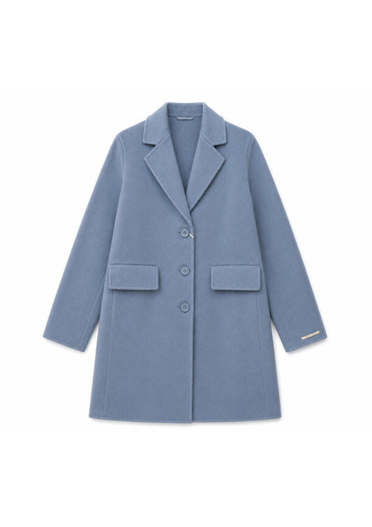 A light blue wool-blend blazer coat with notch lapels, three front buttons, and two front flap pockets, shown flat against a white background.