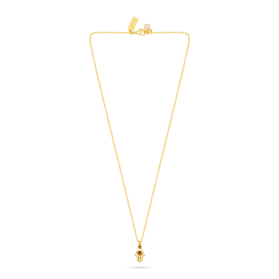 A delicate yellow gold chain necklace with a small, detailed gold pendant, displayed on a clean white background.