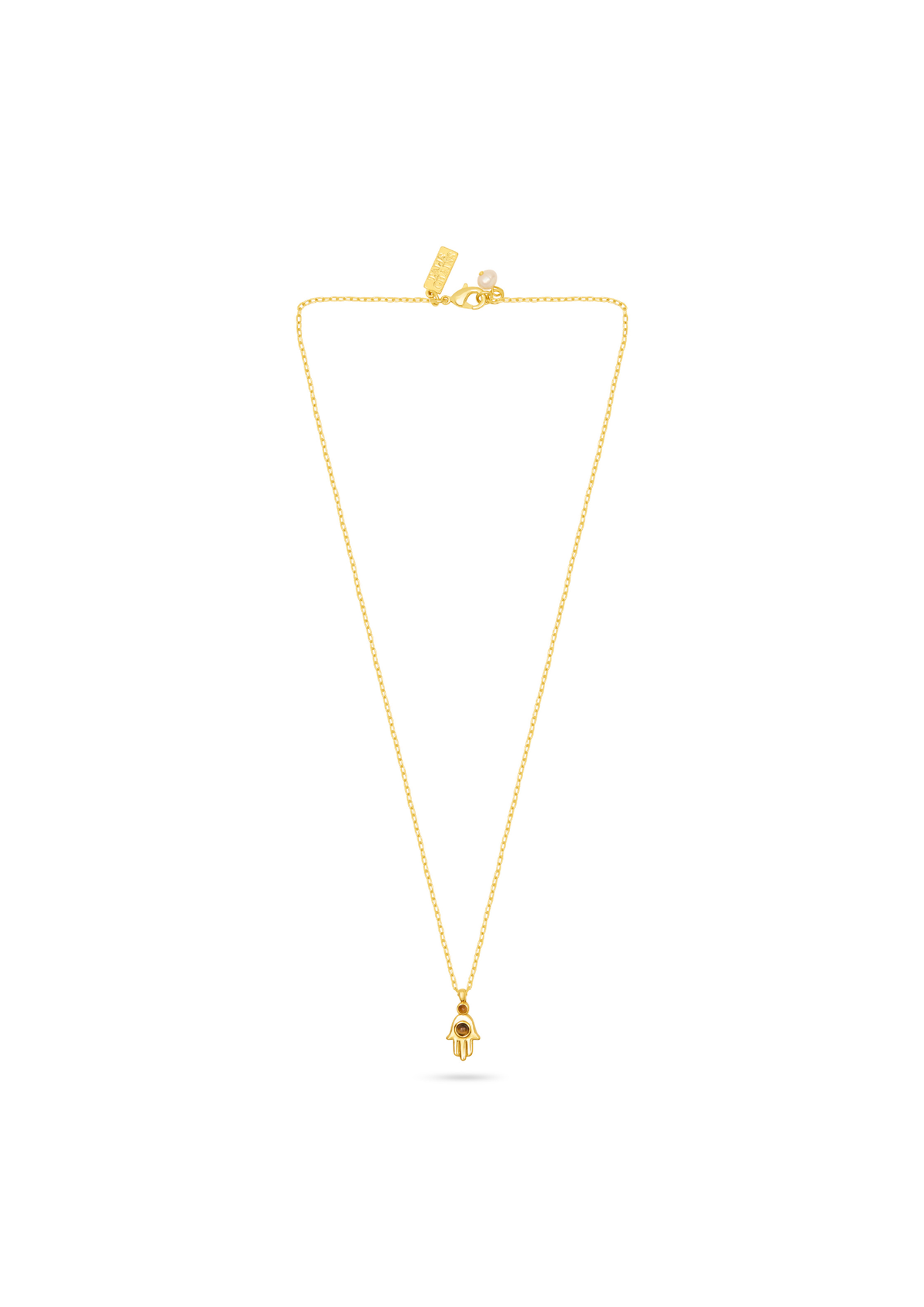 A delicate yellow gold chain necklace with a small, detailed gold pendant, displayed on a clean white background.