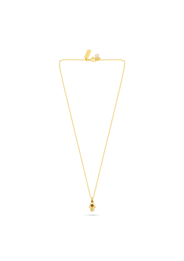 A delicate yellow gold chain necklace with a small, detailed gold pendant, displayed on a clean white background.