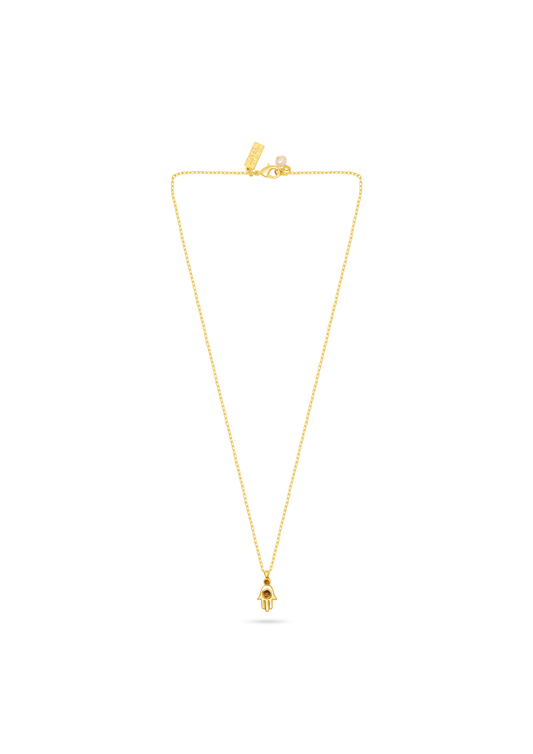 A delicate yellow gold chain necklace with a small, detailed gold pendant, displayed on a clean white background.