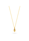 A gold Hamsa hand pendant necklace with a small black eye detail, suspended from a delicate gold chain against a solid white background.