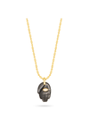 black hand pendant on a gold chain, with a gemstone in the centre, as a flat lay image on a plain white background 