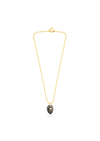 A delicate gold chain necklace featuring a small, dark metallic pendant with a textured, hammered finish, displayed against a solid white background.