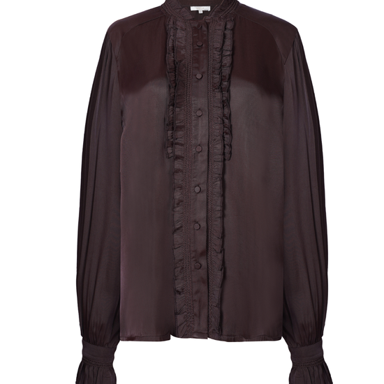 A dark brown long-sleeve blouse with a high mock neck, sheer mesh sleeves, and a ruffled button-front detail, shown against a plain white background.