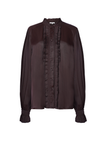 A dark brown long-sleeve blouse with a high mock neck, sheer mesh sleeves, and a ruffled button-front detail, shown against a plain white background.