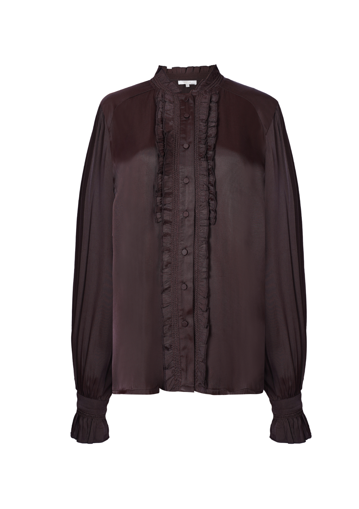 A dark brown long-sleeve blouse with a high mock neck, sheer mesh sleeves, and a ruffled button-front detail, shown against a plain white background.