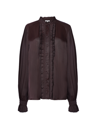 A dark brown long-sleeve blouse with a high mock neck, sheer mesh sleeves, and a ruffled button-front detail, shown against a plain white background.