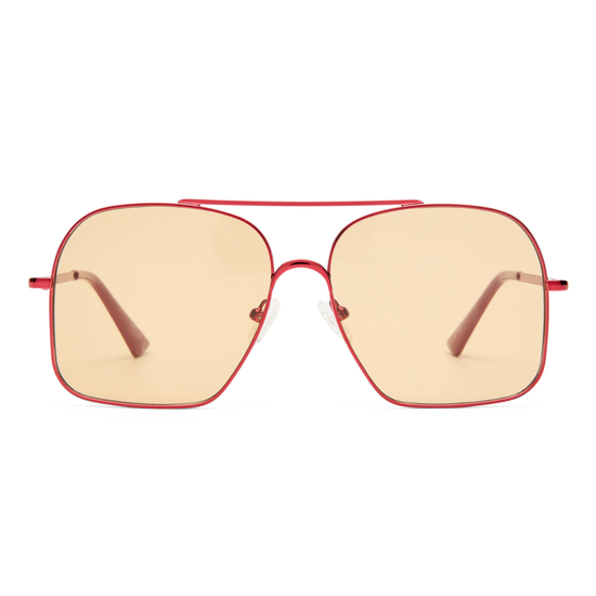 A pair of oversized square aviator-style sunglasses with a thin red metal frame and warm yellow-tinted lenses, shown against a plain white background.