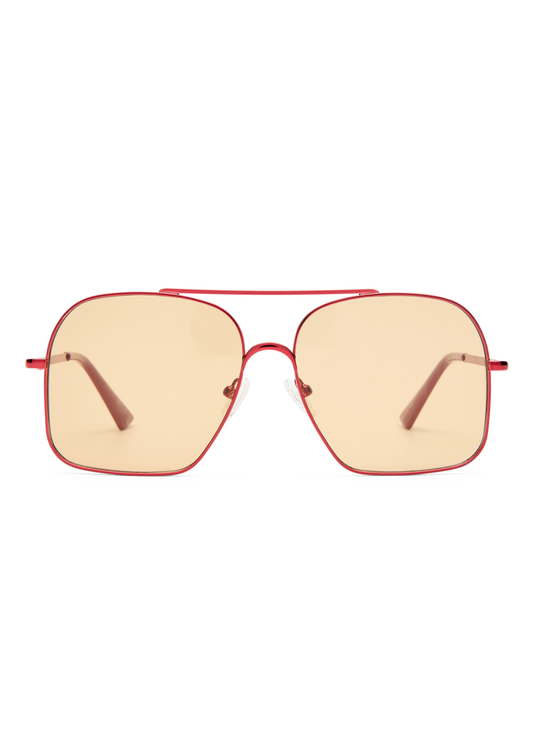 A pair of oversized square aviator-style sunglasses with a thin red metal frame and warm yellow-tinted lenses, shown against a plain white background.