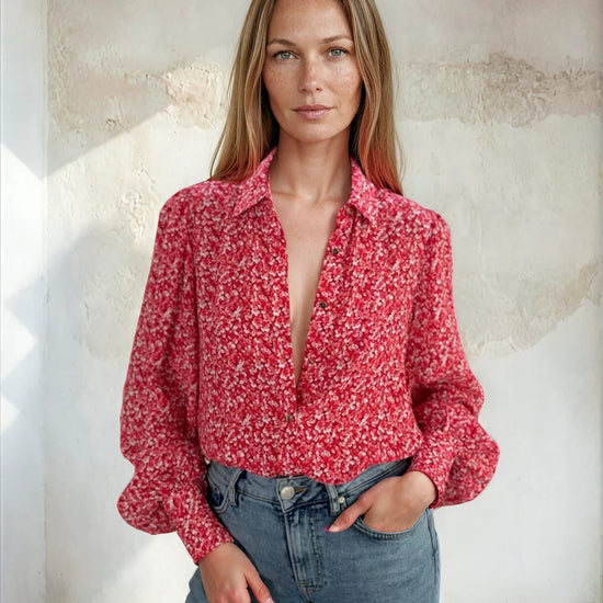 Ditsy print shirt with balloon sleeves worn with blue denim from Sirens