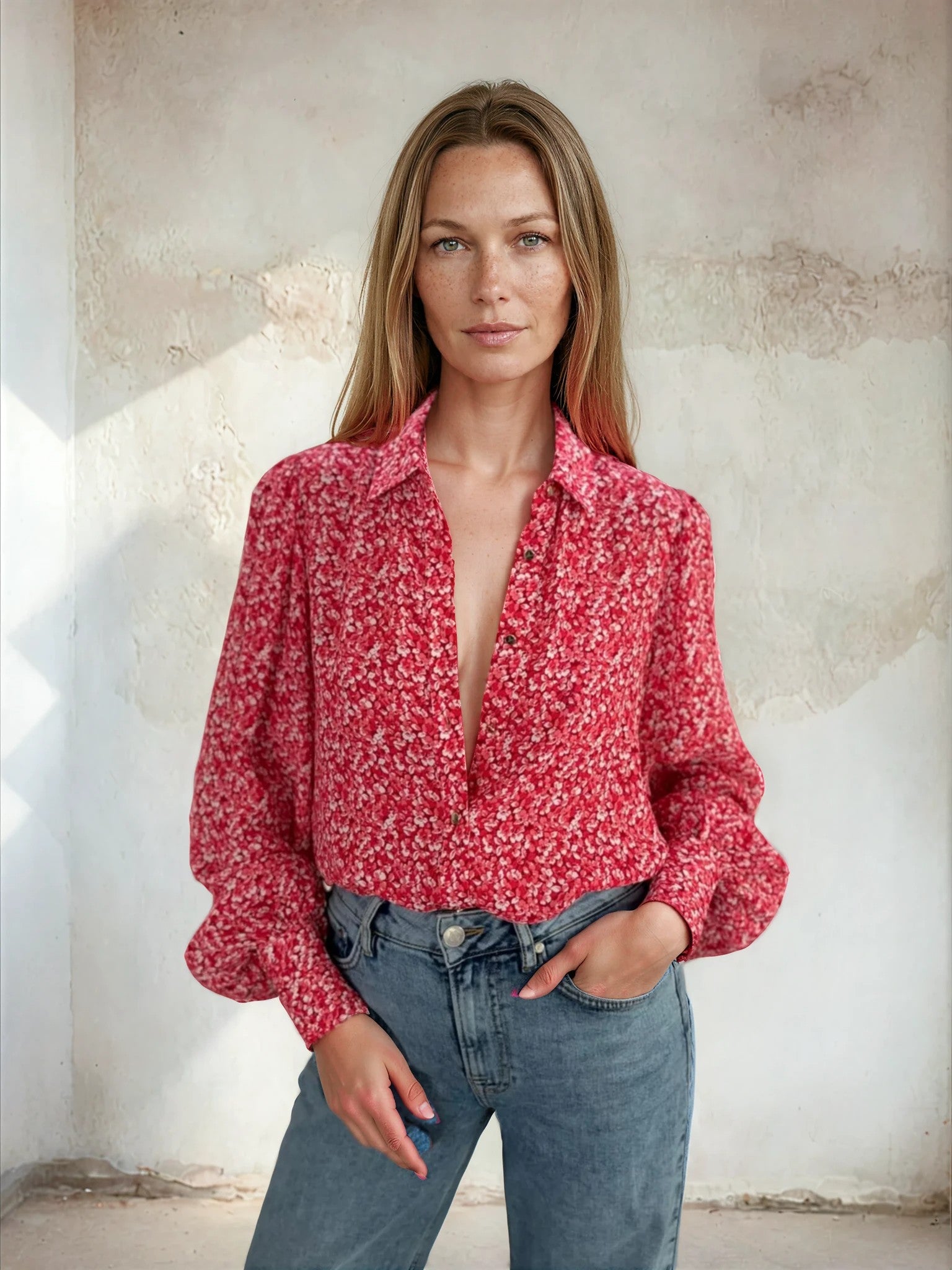 Ditsy print shirt with balloon sleeves worn with blue denim from Sirens