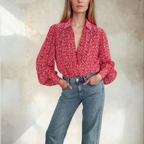 Ditsy print shirt with balloon sleeves worn with blue denim from Sirens