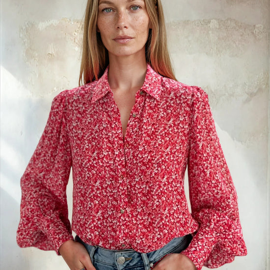 Ditsy print shirt with balloon sleeves worn with blue denim from Sirens