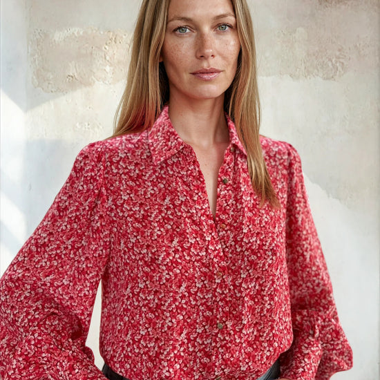 Ditsy print shirt with balloon sleeves worn with blue denim from Sirens