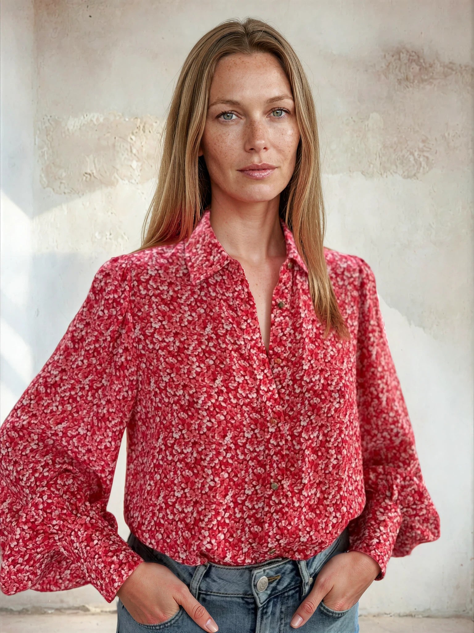 Ditsy print shirt with balloon sleeves worn with blue denim from Sirens