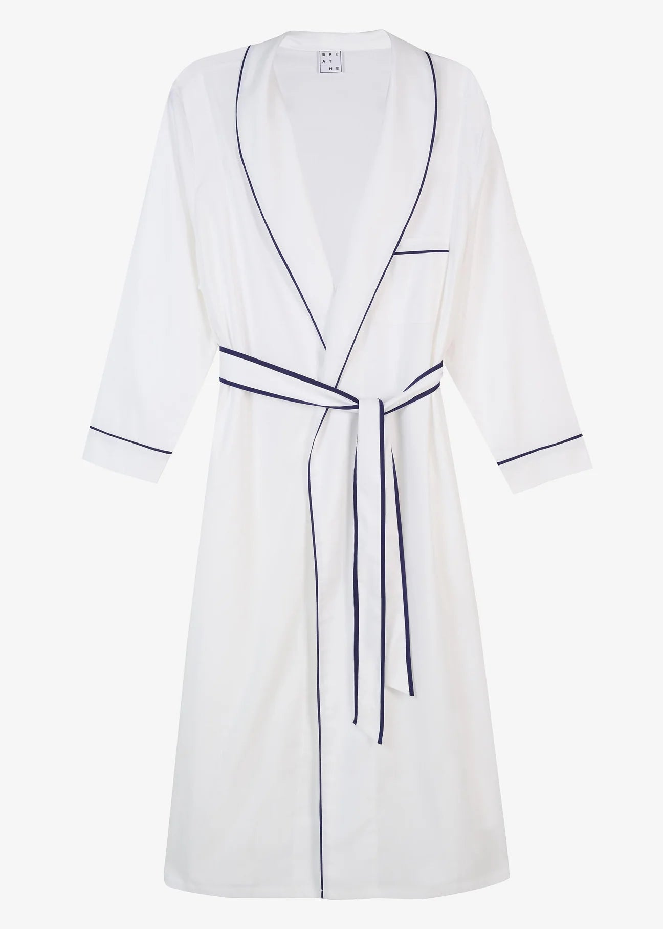 White herringbone organic cotton robe with navy trim long sleeves and front patch pocket