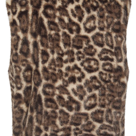 leopard print faux fur sleeveless gilet with round neck and hook fastening rear view
