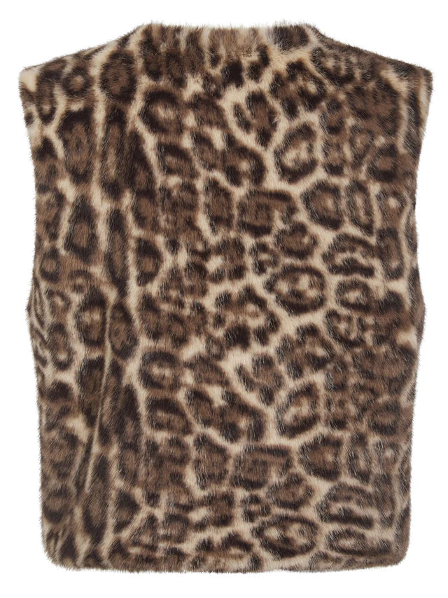leopard print faux fur sleeveless gilet with round neck and hook fastening rear view
