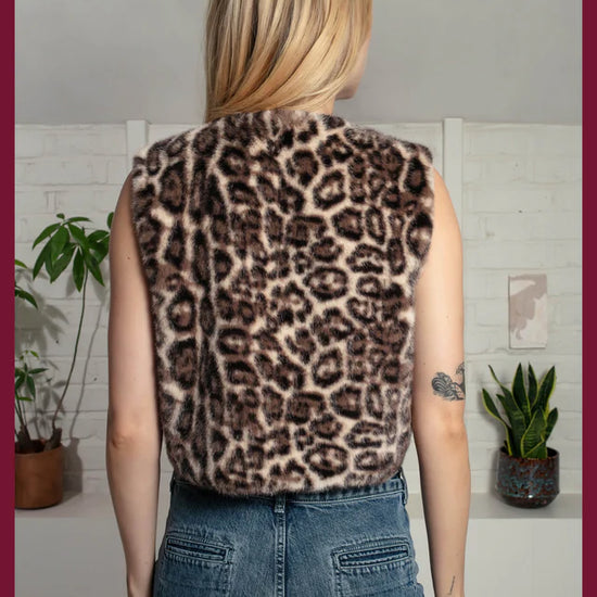 leopard print faux fur sleeveless gilet with round neck and hook fastening rear view