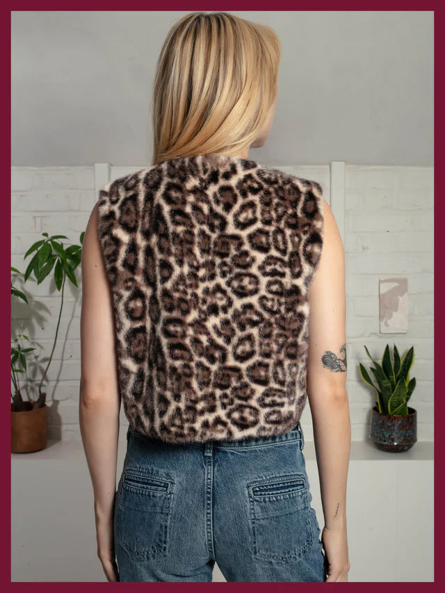 leopard print faux fur sleeveless gilet with round neck and hook fastening rear view