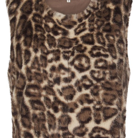 leopard print faux fur sleeveless gilet with round neck and hook fastening