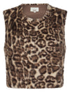 leopard print faux fur sleeveless gilet with round neck and hook fastening