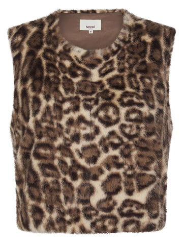 leopard print faux fur sleeveless gilet with round neck and hook fastening