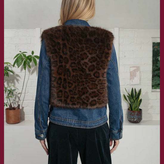 chocolate brown leopard print faux fur gilet with round neck and hook closure rear view