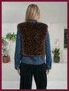 chocolate brown leopard print faux fur gilet with round neck and hook closure rear view