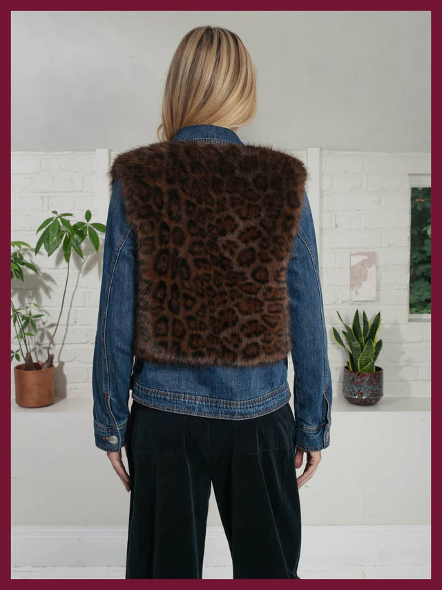 chocolate brown leopard print faux fur gilet with round neck and hook closure rear view
