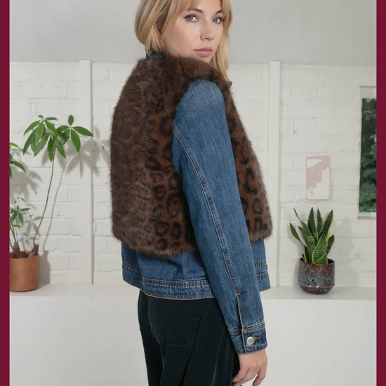 chocolate brown leopard print faux fur gilet with round neck and hook closure rear view