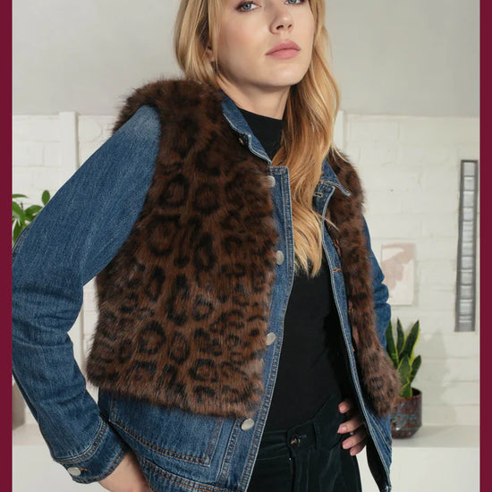 chocolate brown leopard print faux fur gilet with round neck and hook closure model shot