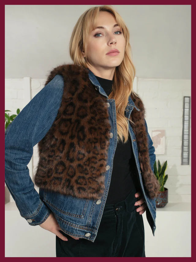chocolate brown leopard print faux fur gilet with round neck and hook closure model shot