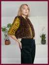 chocolate brown leopard print faux fur gilet with round neck and hook closure model shot