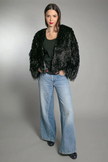 black faux fur feather effect short jacket