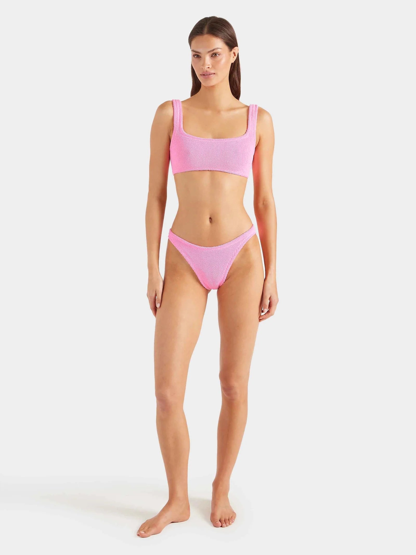pink square neck crinkle bikini from hunza g model shot