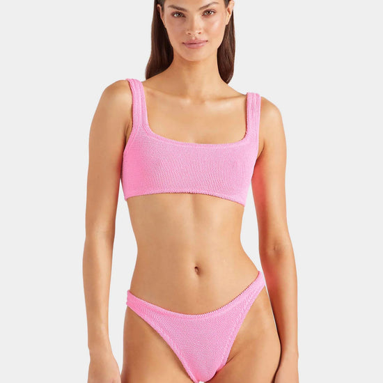 pink square neck crinkle bikini from hunza g model shot