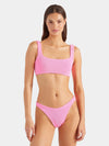 pink square neck crinkle bikini from hunza g model shot