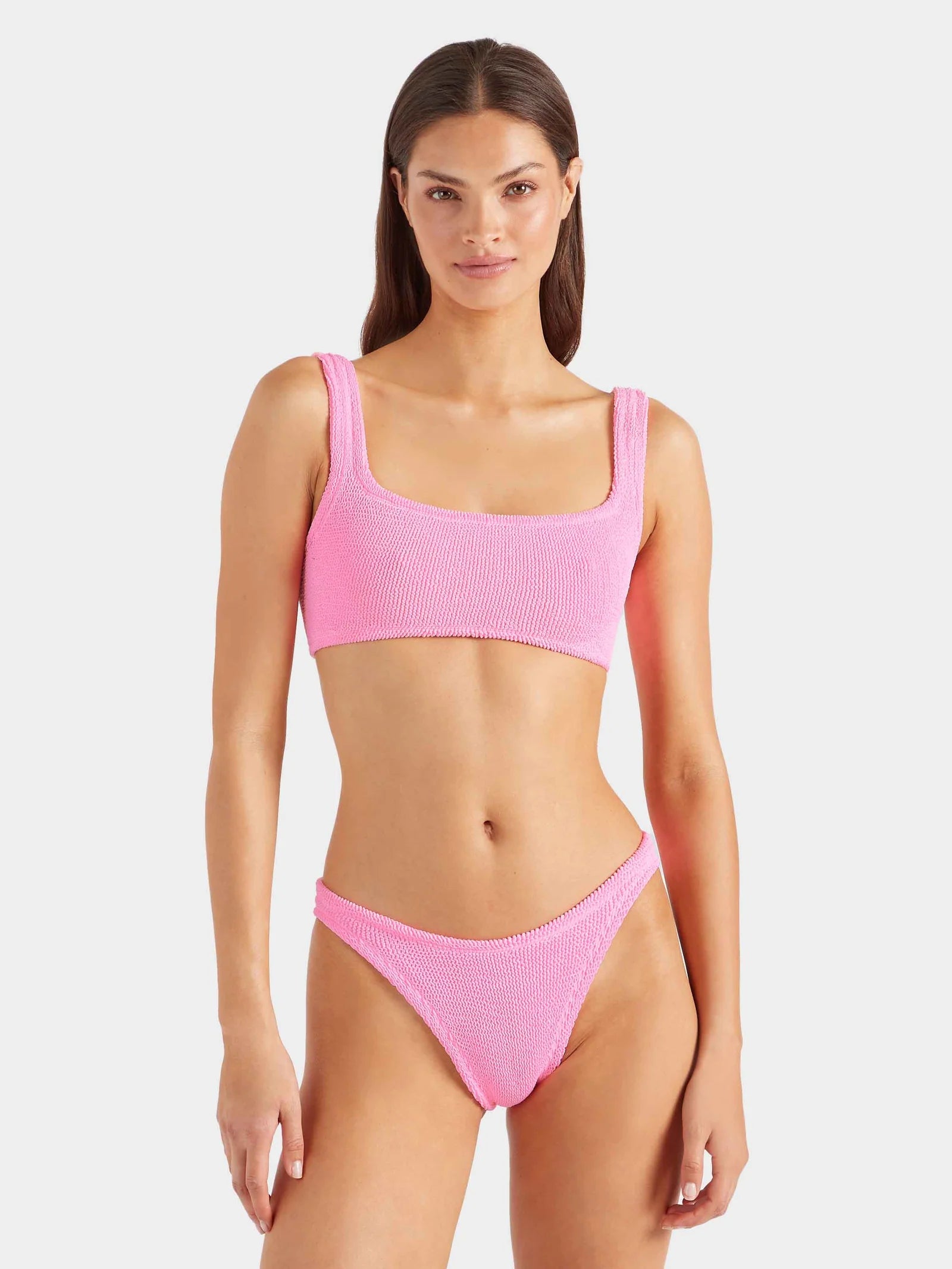 pink square neck crinkle bikini from hunza g model shot